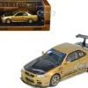 Nissan Skyline GT-R (R34) RHD (Right Hand Drive) "Top Secret" Gold Metallic with Carbon Hood and Trunk 1/64 Diecast Model Car by Inno Models