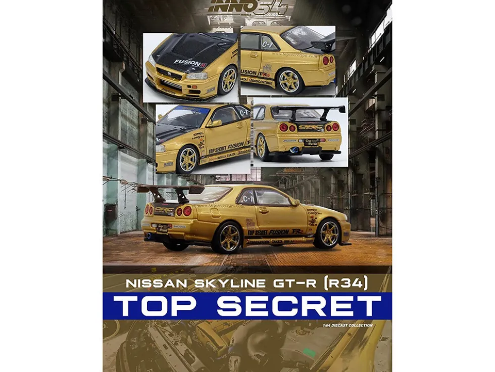 Nissan Skyline GT-R (R34) RHD (Right Hand Drive) "Top Secret" Gold Metallic with Carbon Hood and Trunk 1/64 Diecast Model Car by Inno Models