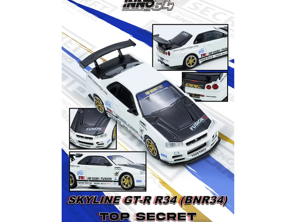 Nissan Skyline GT-R (R34) "Top Secret" RHD (Right Hand Drive) White with Carbon Hood 1/64 Diecast Model Car by Inno Models