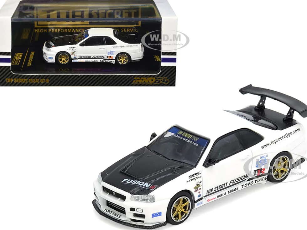 Nissan Skyline GT-R (R34) "Top Secret" RHD (Right Hand Drive) White with Carbon Hood 1/64 Diecast Model Car by Inno Models