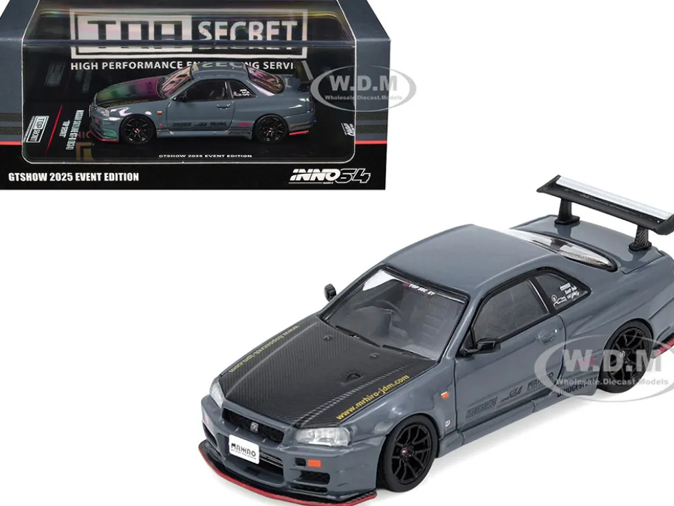 Nissan Skyline GT-R (R34) "Top Secret" RHD (Right Hand Drive) Stealth Gray with Carbon Hood "GTSHOW 2025 Event Edition" 1/64 Diecast Model Car by Inno Models