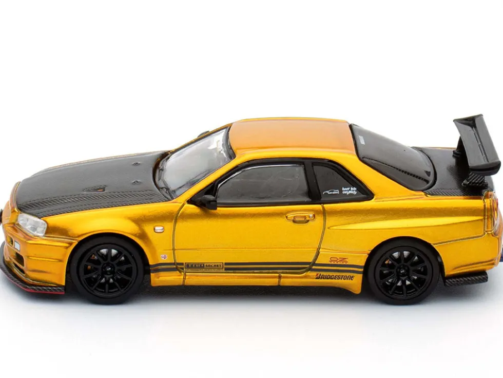 Nissan Skyline GT-R (R34) "Top Secret" RHD (Right Hand Drive) Gold Metallic with Carbon Hood and Trunk "Tokyo Auto Salon 2024 - Malaysia Diecast Expo 2024" 1/64 Diecast Model Car by Inno Models
