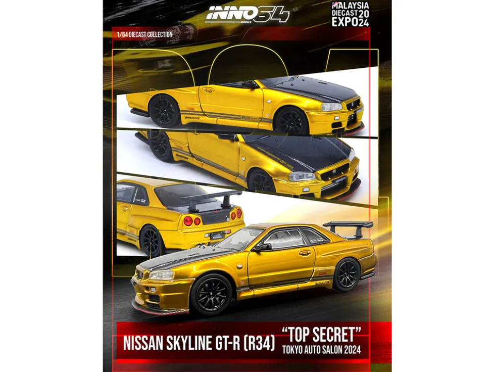 Nissan Skyline GT-R (R34) "Top Secret" RHD (Right Hand Drive) Gold Metallic with Carbon Hood and Trunk "Tokyo Auto Salon 2024 - Malaysia Diecast Expo 2024" 1/64 Diecast Model Car by Inno Models