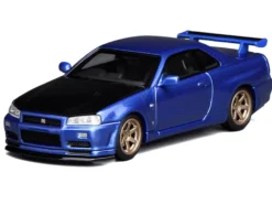 Nissan Skyline GT-R (R34) V-Spec II RHD (Right Hand Drive) Bayside Blue Metallic with Carbon Hood "Senior 64" Series 1/64 Diecast Model Car by MotorHelix