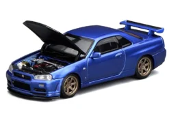 Nissan Skyline GT-R (R34) V-Spec II RHD (Right Hand Drive) Bayside Blue Metallic with Carbon Hood "Senior 64" Series 1/64 Diecast Model Car by MotorHelix