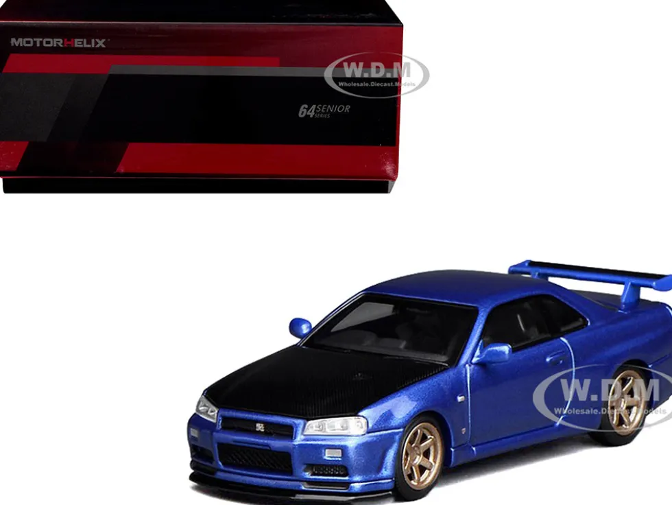 Nissan Skyline GT-R (R34) V-Spec II RHD (Right Hand Drive) Bayside Blue Metallic with Carbon Hood "Senior 64" Series 1/64 Diecast Model Car by MotorHelix