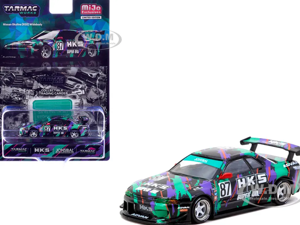 Nissan Skyline (R32) Widebody RHD (Right Hand Drive) #87 "HKS - Designed by Jon Sibal" Black with Graphics with Tarmac Cards "Global64" Series 1/64 Diecast Model by Tarmac Works