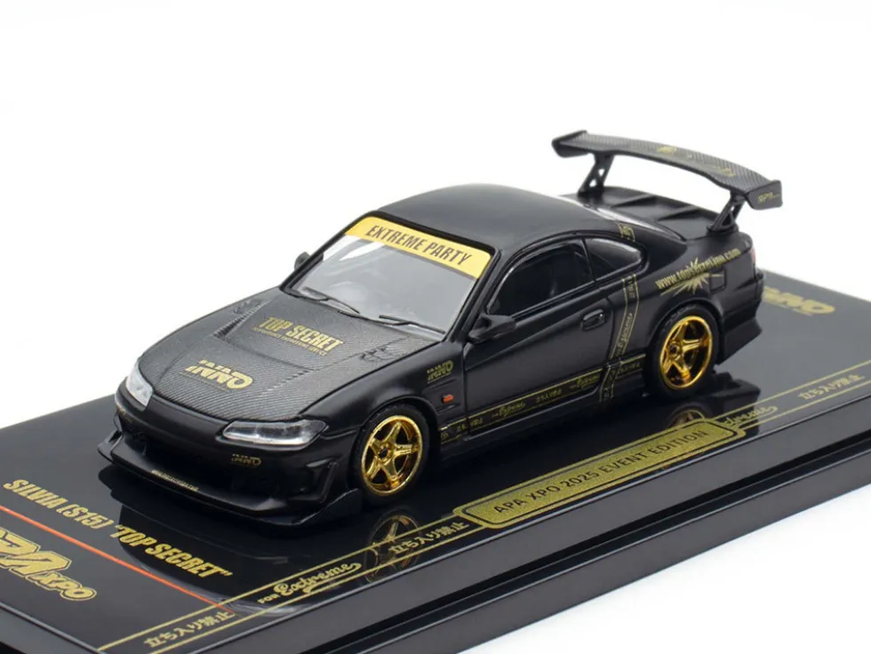 Nissan "Top Secret" Silvia (S15) RHD (Right Hand Drive) Matt Black with Carbon Hood "APA XPO 2025 Event Edition VIP Ticket Bundle" 1/64 Diecast Model Car by Inno Models