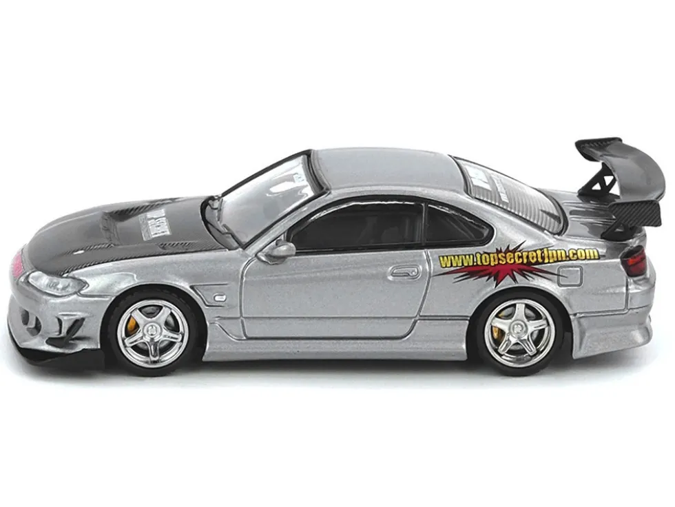 Nissan "Top Secret" Silvia (S15) RHD (Right Hand Drive) Silver Metallic with Carbon Hood 1/64 Diecast Model Car by Inno Models