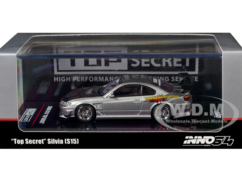 Nissan "Top Secret" Silvia (S15) RHD (Right Hand Drive) Silver Metallic with Carbon Hood 1/64 Diecast Model Car by Inno Models