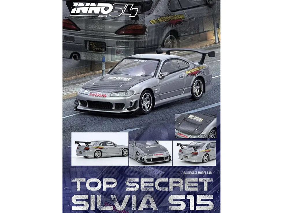 Nissan "Top Secret" Silvia (S15) RHD (Right Hand Drive) Silver Metallic with Carbon Hood 1/64 Diecast Model Car by Inno Models