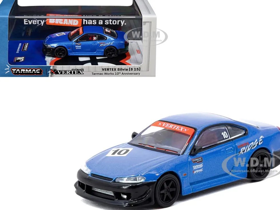 Nissan Vertex Silvia (S15) RHD (Right Hand Drive) #10 "Tarmac Works 10th Anniversary" Blue Metallic "Global64" Series 1/64 Diecast Model Car by Tarmac Works