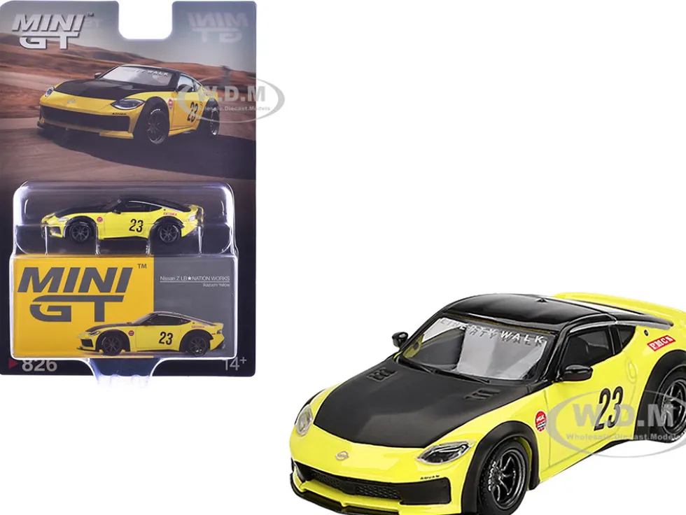 Nissan Z "LB-Nation Works" #23 Ikazuchi Yellow with Black Hood and Top Limited Edition 1/64 Diecast Model Car by Mini GT