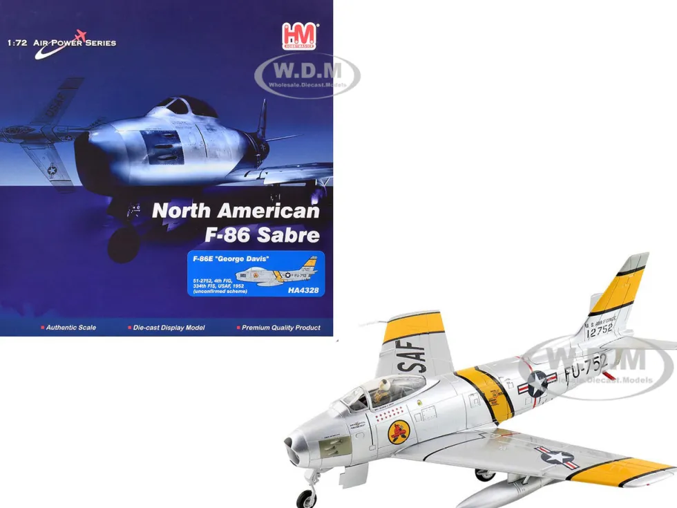 North American F-86E Sabre Fighter Aircraft "51-2752, Colonel George Andrew Davis Jr., 4th FIG, 334th FIS" (1952) United States Air Force "Air Power Series" 1/72 Diecast Model by Hobby Master