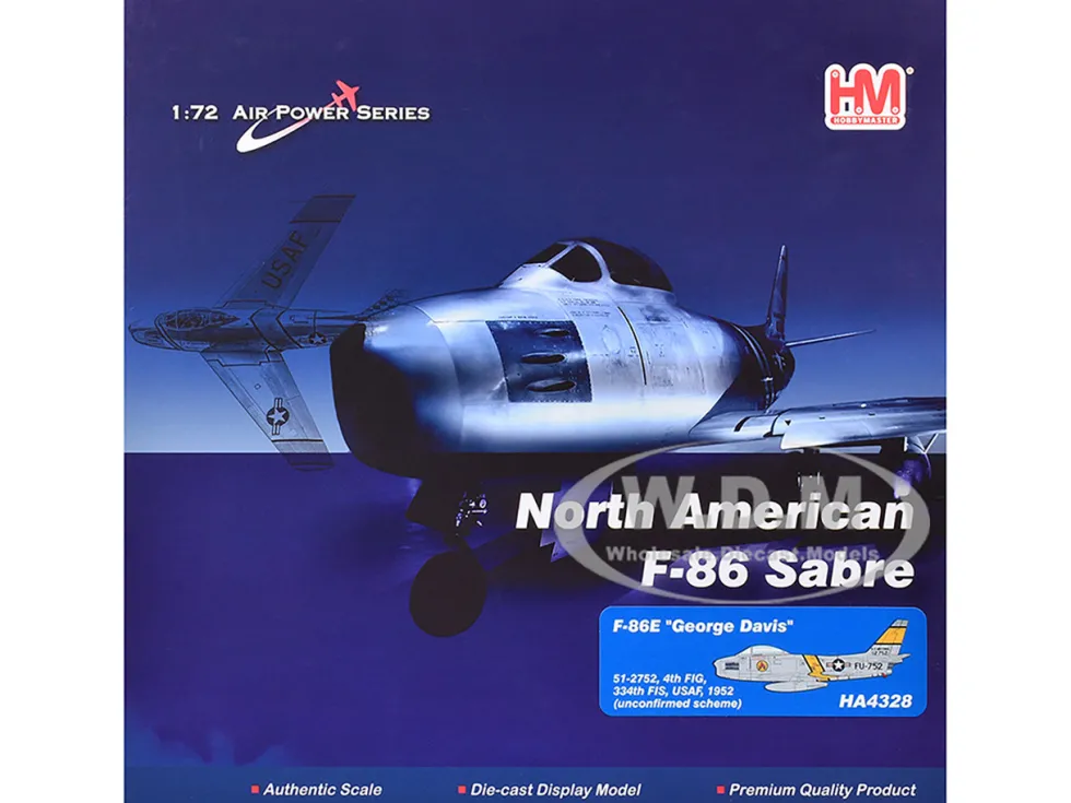 North American F-86E Sabre Fighter Aircraft "51-2752, Colonel George Andrew Davis Jr., 4th FIG, 334th FIS" (1952) United States Air Force "Air Power Series" 1/72 Diecast Model by Hobby Master