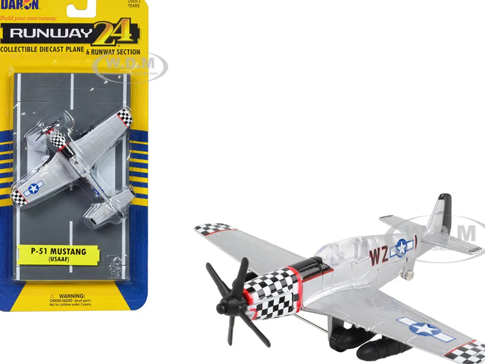North American P 51 Mustang Fighter Aircraft Silver Metallic United States Army Air Force with Runway Section Diecast Model Airplane Runway24 RW195