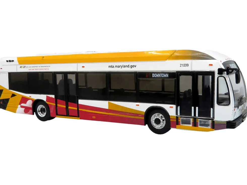 Nova Bus LFSH Hybrid Transit Bus "MTA Maryland" White with Red and Yellow Graphics "The Bus & Motorcoach Collection" Limited Edition to 504 pieces Worldwide 1/87 (HO) Diecast Model by Iconic Replicas