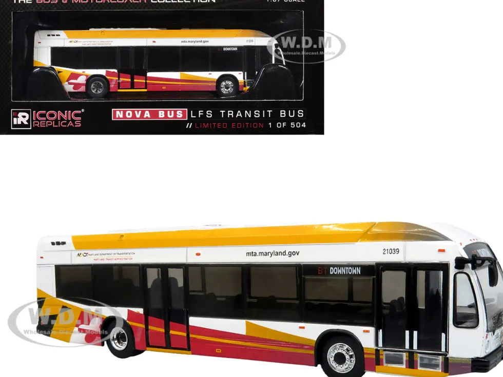 Nova Bus LFSH Hybrid Transit Bus "MTA Maryland" White with Red and Yellow Graphics "The Bus & Motorcoach Collection" Limited Edition to 504 pieces Worldwide 1/87 (HO) Diecast Model by Iconic Replicas