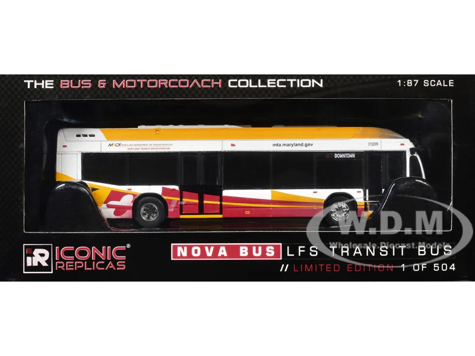 Nova Bus LFSH Hybrid Transit Bus "MTA Maryland" White with Red and Yellow Graphics "The Bus & Motorcoach Collection" Limited Edition to 504 pieces Worldwide 1/87 (HO) Diecast Model by Iconic Replicas