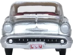 1957 Oldsmobile 88 Convertible (Top-Up) Juneau Gray with White Top and Red Interior 1/87 (HO) Scale Diecast Model Car by Oxford Diecast