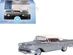 1957 Oldsmobile 88 Convertible (Top-Up) Juneau Gray with White Top and Red Interior 1/87 (HO) Scale Diecast Model Car by Oxford Diecast
