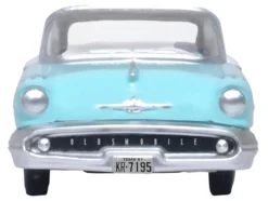 1957 Oldsmobile 88 Convertible Top Up Banff Blue and Alcan White with White 1/87 HO Scale Diecast Model Car Oxford Diecast 87OC57002
