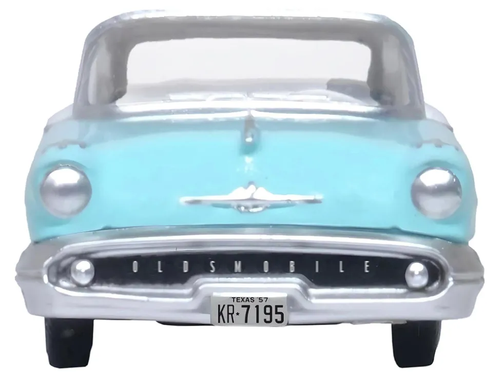 1957 Oldsmobile 88 Convertible Top Up Banff Blue and Alcan White with White 1/87 HO Scale Diecast Model Car Oxford Diecast 87OC57002