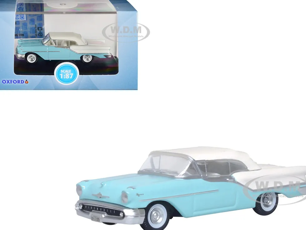 1957 Oldsmobile 88 Convertible Top Up Banff Blue and Alcan White with White 1/87 HO Scale Diecast Model Car Oxford Diecast 87OC57002