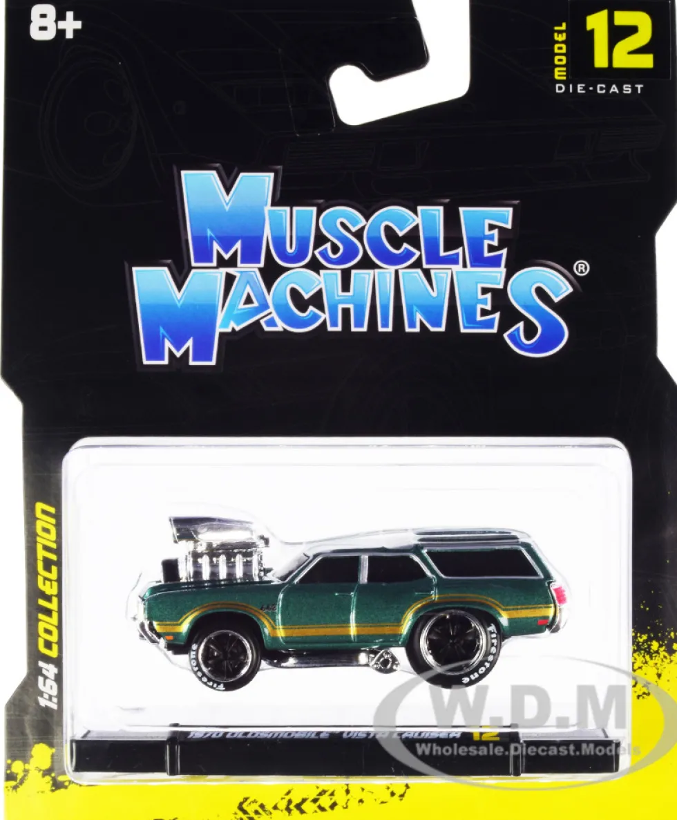 1970 Oldsmobile Vista Cruiser 442 Green Metallic Gold Stripes 1/64 Diecast Model Car Muscle Machines 15556
