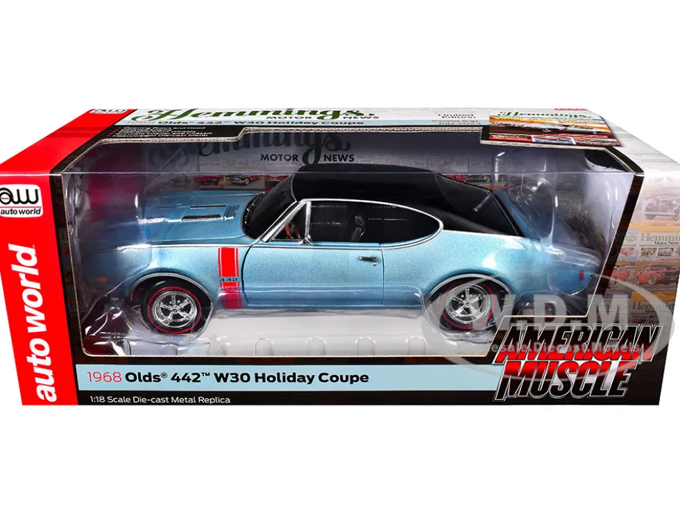 1968 Oldsmobile 442 W30 Holiday Coupe Teal Frost Metallic with Red Stripes and Black Vinyl Top "Hemmings Motor News July 2023 Cover Car" "American Muscle" Series 1/18 Diecast Model Car by Auto World