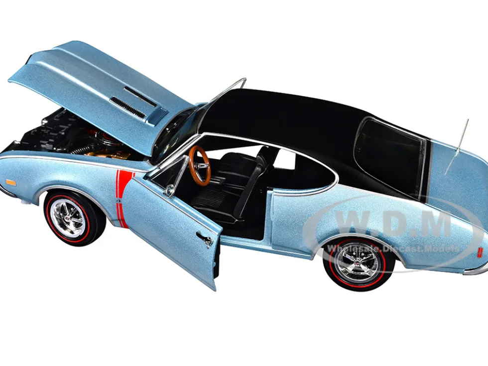 1968 Oldsmobile 442 W30 Holiday Coupe Teal Frost Metallic with Red Stripes and Black Vinyl Top "Hemmings Motor News July 2023 Cover Car" "American Muscle" Series 1/18 Diecast Model Car by Auto World