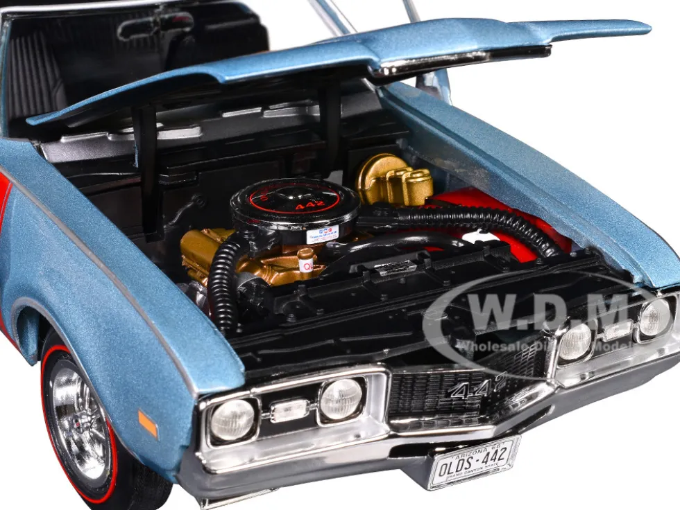 1968 Oldsmobile 442 W30 Holiday Coupe Teal Frost Metallic with Red Stripes and Black Vinyl Top "Hemmings Motor News July 2023 Cover Car" "American Muscle" Series 1/18 Diecast Model Car by Auto World