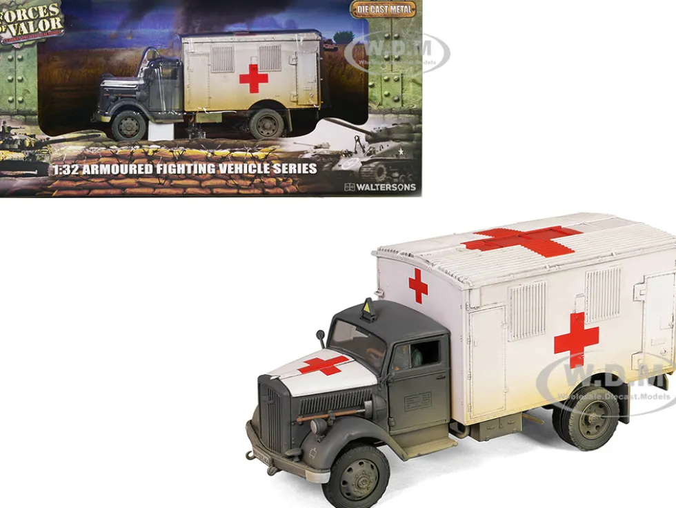 Opel Blitz Kfz.305 Ambulance Gray and White Weathered German Army Armoured Fighting Vehicle Series 1/32 Diecast Model Forces of Valor FOV-801101A