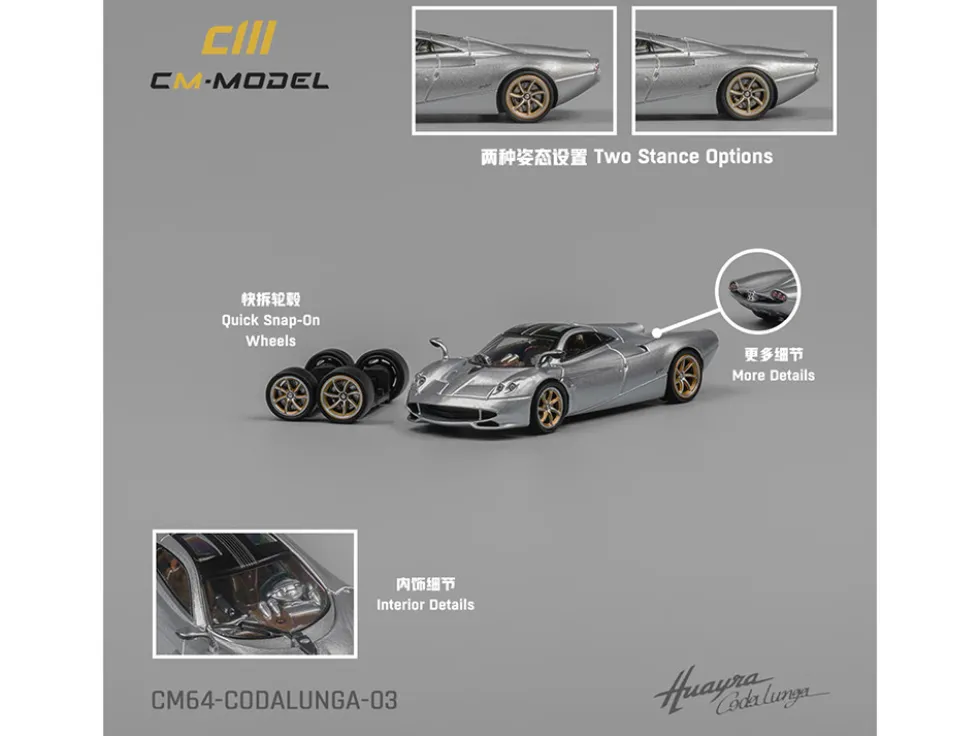 Pagani Huayra Codalunga Silver Metallic with Sunroof and Extra Wheels 1/64 Diecast Model Car by CM Model