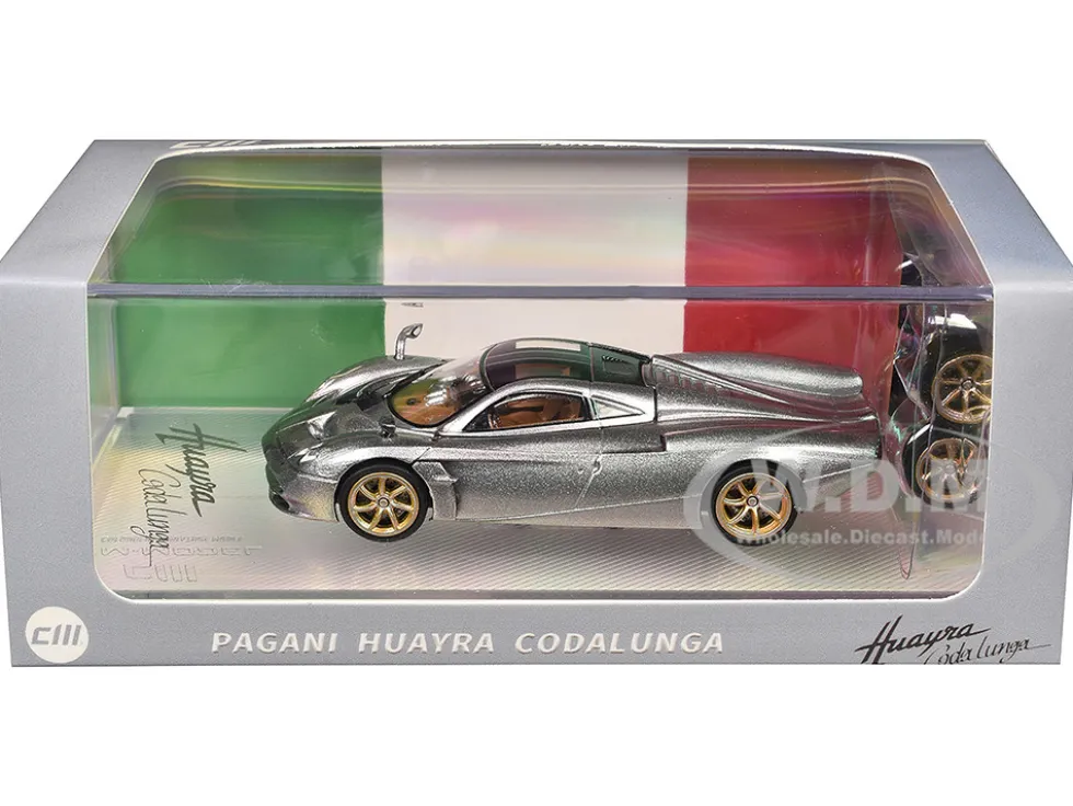 Pagani Huayra Codalunga Silver Metallic with Sunroof and Extra Wheels 1/64 Diecast Model Car by CM Model