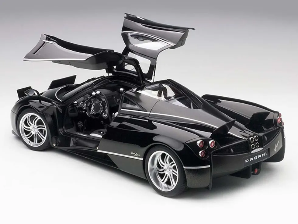 Pagani Huayra Gloss Black with Silver Stripes and Silver Wheels 1/12 Model Car Autoart 12233