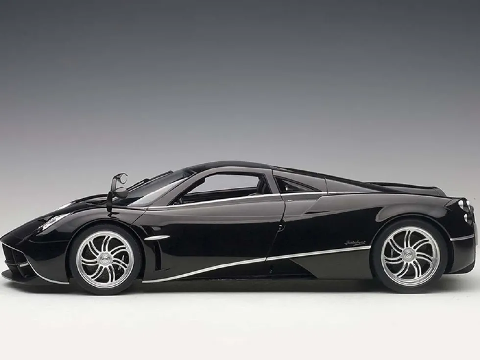 Pagani Huayra Gloss Black with Silver Stripes and Silver Wheels 1/12 Model Car Autoart 12233