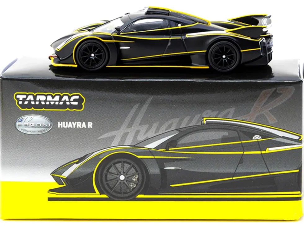 Pagani Huayra R Matt Black with Silver Accents and Yellow Stripes "Global64" Series 1/64 Diecast Model by Tarmac Works