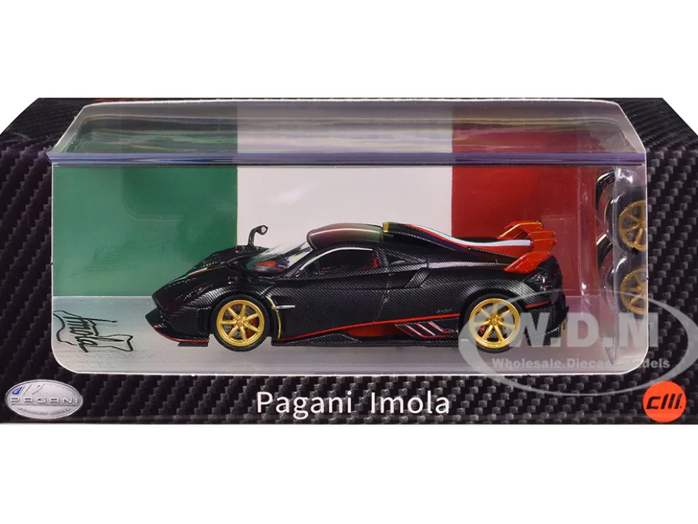 Pagani Imola Black Carbon with Italian Flag Stripes with Extra Wheels 1/64 Diecast Model Car by CM Model