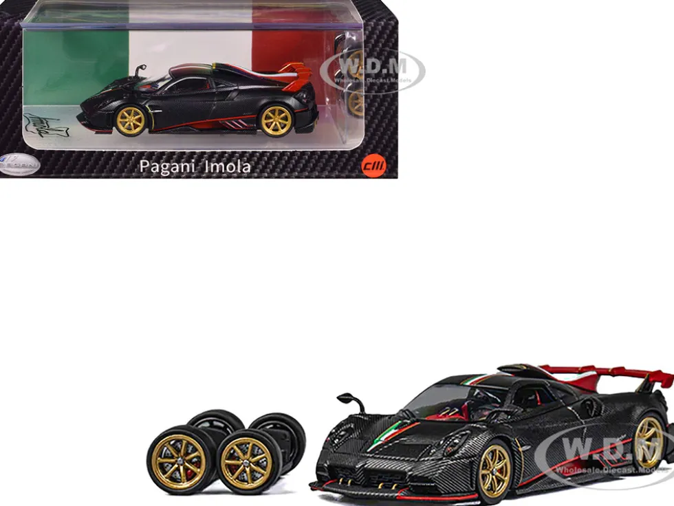 Pagani Imola Black Carbon with Italian Flag Stripes with Extra Wheels 1/64 Diecast Model Car by CM Model