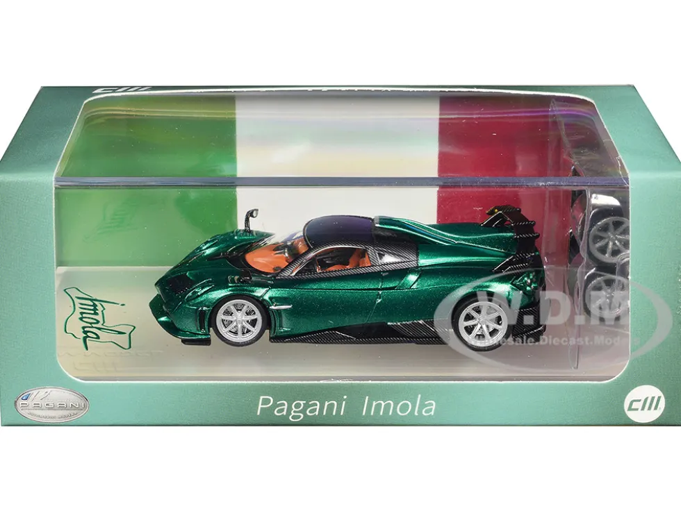 Pagani Imola Emerald Green Metallic with Carbon Top and Extra Wheels 1/64 Diecast Model Car by CM Model