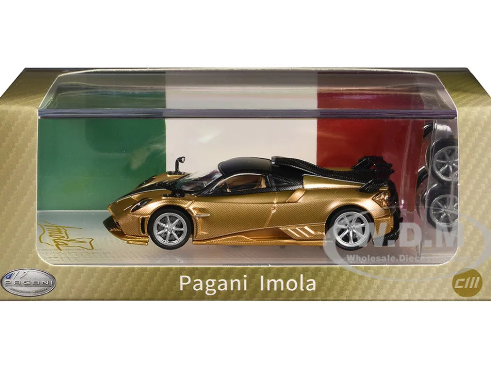 Pagani Imola Gold Carbon Metallic with Black Carbon Top with Extra Wheels 1/64 Diecast Model Car by CM Model