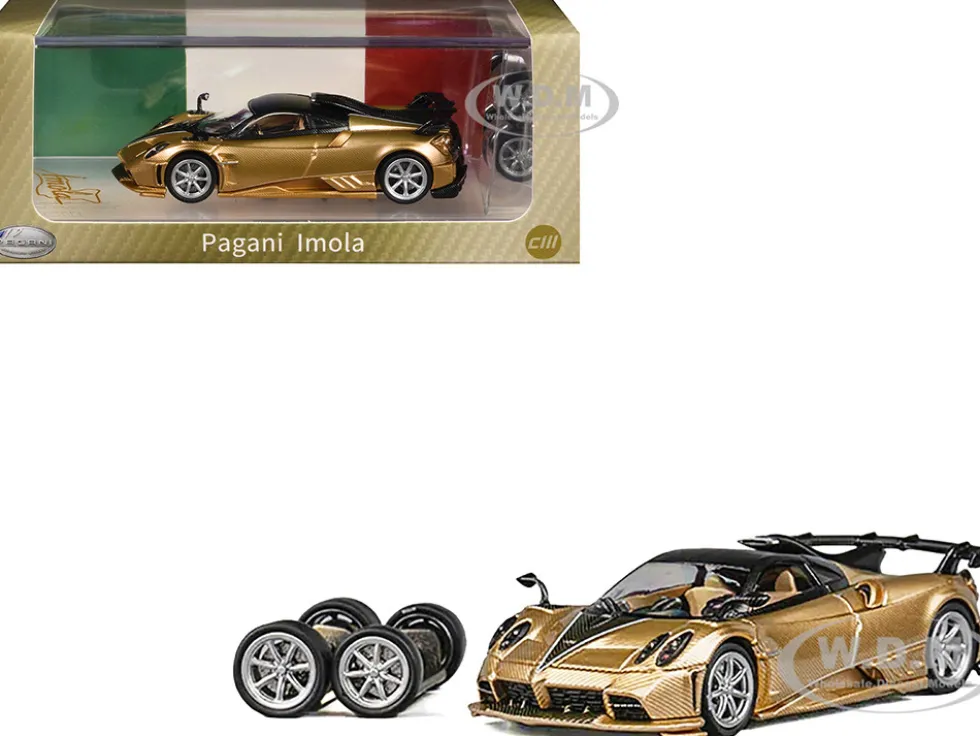 Pagani Imola Gold Carbon Metallic with Black Carbon Top with Extra Wheels 1/64 Diecast Model Car by CM Model