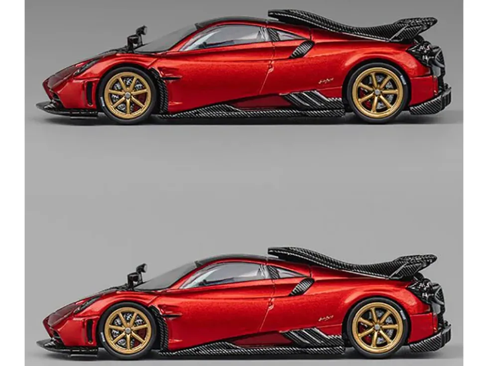 Pagani Imola Red Metallic with Carbon Top and Stripes with Extra Wheels 1/64 Diecast Model Car by CM Model
