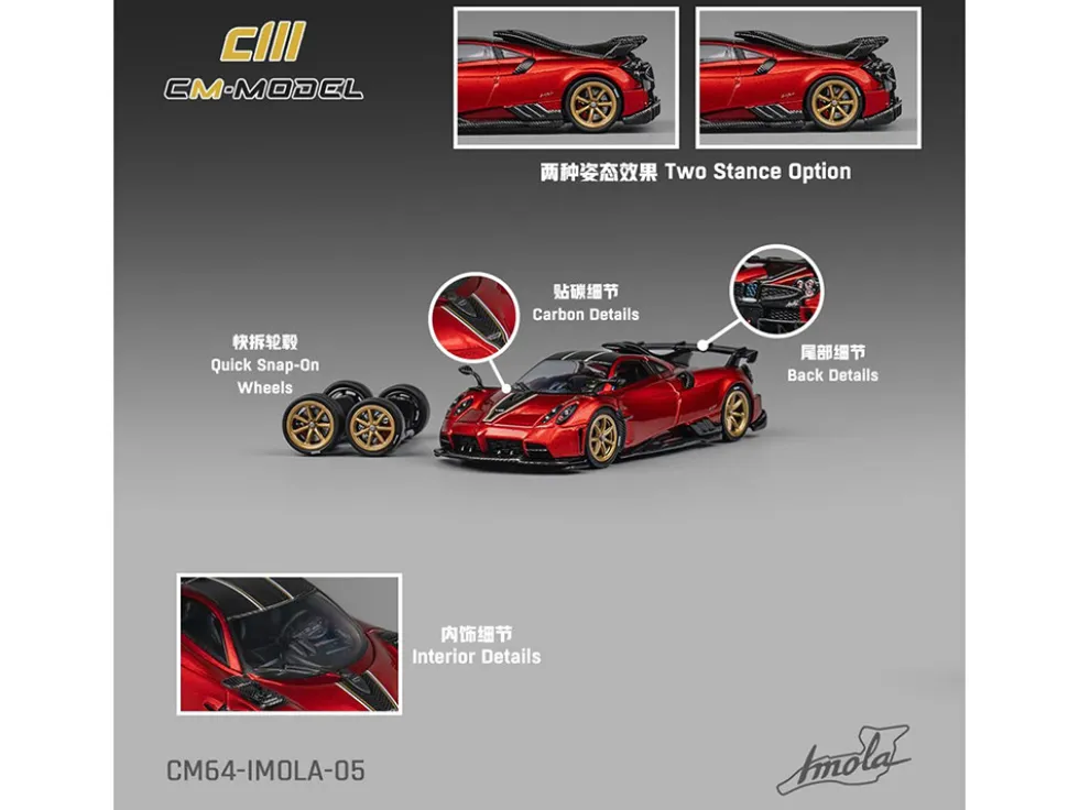 Pagani Imola Red Metallic with Carbon Top and Stripes with Extra Wheels 1/64 Diecast Model Car by CM Model