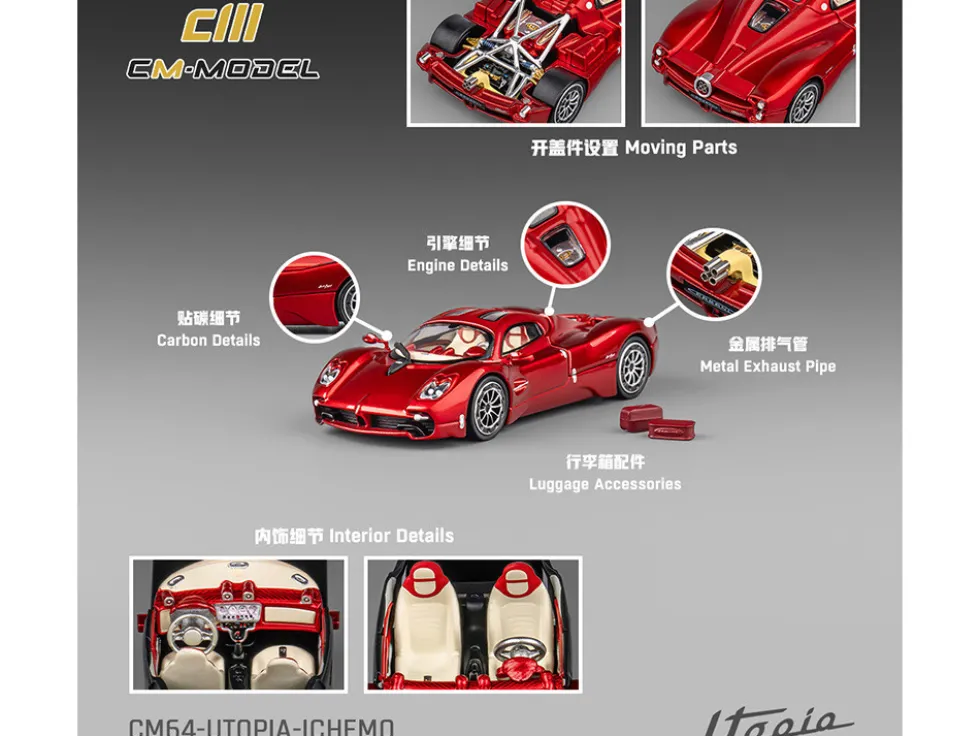 Pagani Utopia Red Metallic with Red Carbon Top 1/64 Diecast Model Car by CM Model