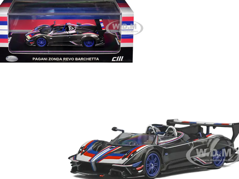 Pagani Zonda Revo Barchetta Carbon with Red, White, and Blue Stripes 1/64 Diecast Model Car by CM Model