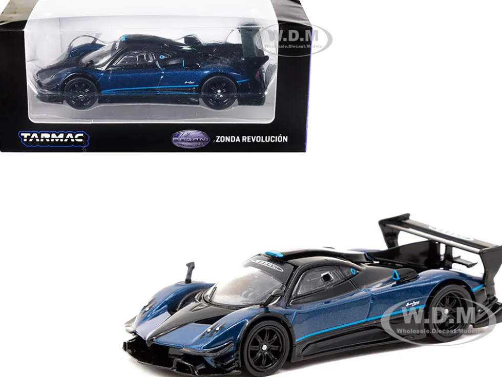 Pagani Zonda Revolucion Blue Metallic Black Light Blue Stripes Global64 Series 1/64 Diecast Model Car Tarmac Works T64G-TL016-BL