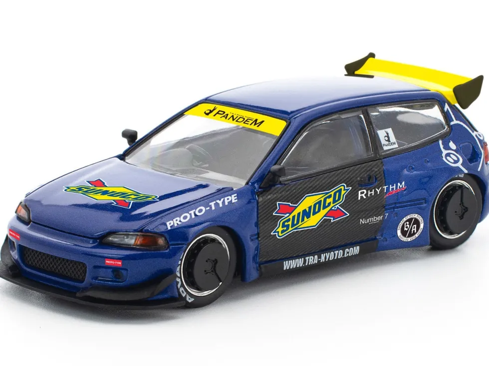 Pandem Civic EG6 RHD (Right Hand Drive) "Sunoco" Blue Metallic with Yellow Accents 1/64 Diecast Model Car by Pop Race