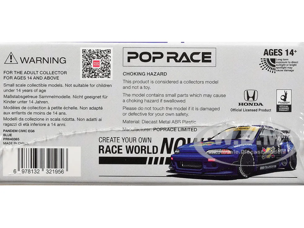 Pandem Civic EG6 RHD (Right Hand Drive) "Sunoco" Blue Metallic with Yellow Accents 1/64 Diecast Model Car by Pop Race